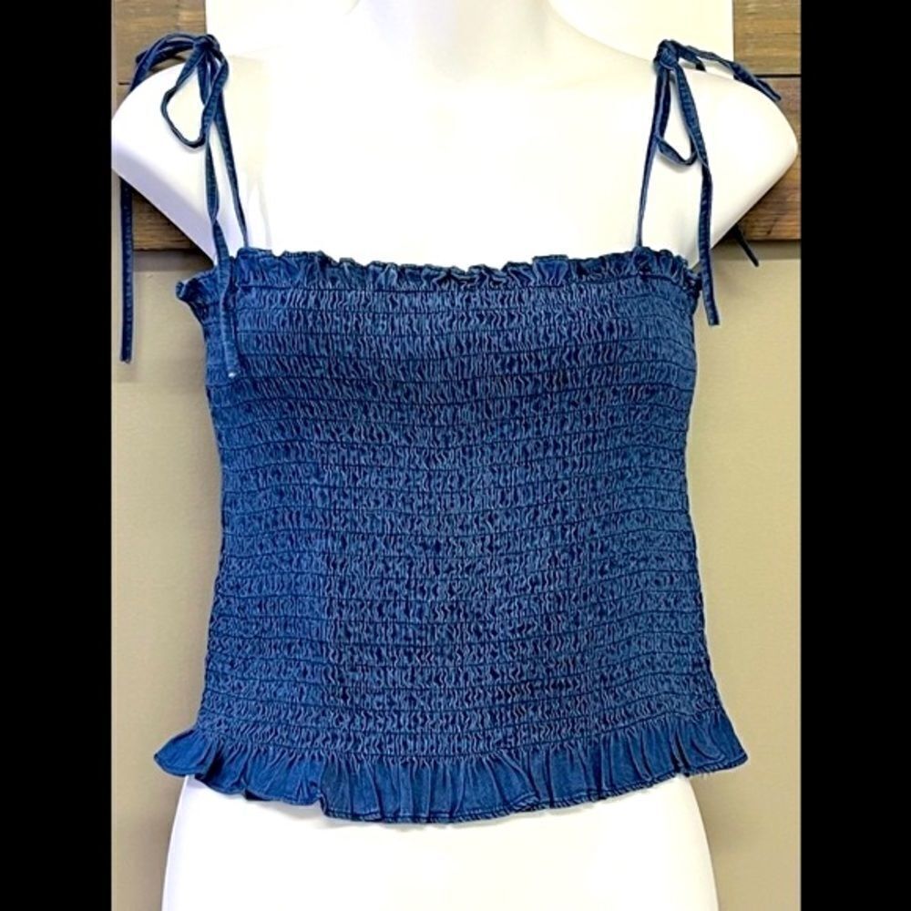 Vici Vintana Smocked Tencel Cropped Straps Tank Top- Denim Blue- Large